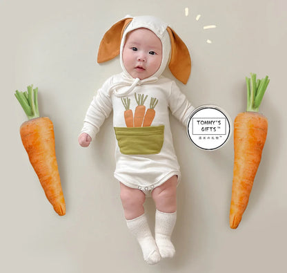 2025 INS ropa infantil para niña moda verano estampado de zanahoria diseño de conejito mameluco para bebé mono de algodón suave 0-24M otoño