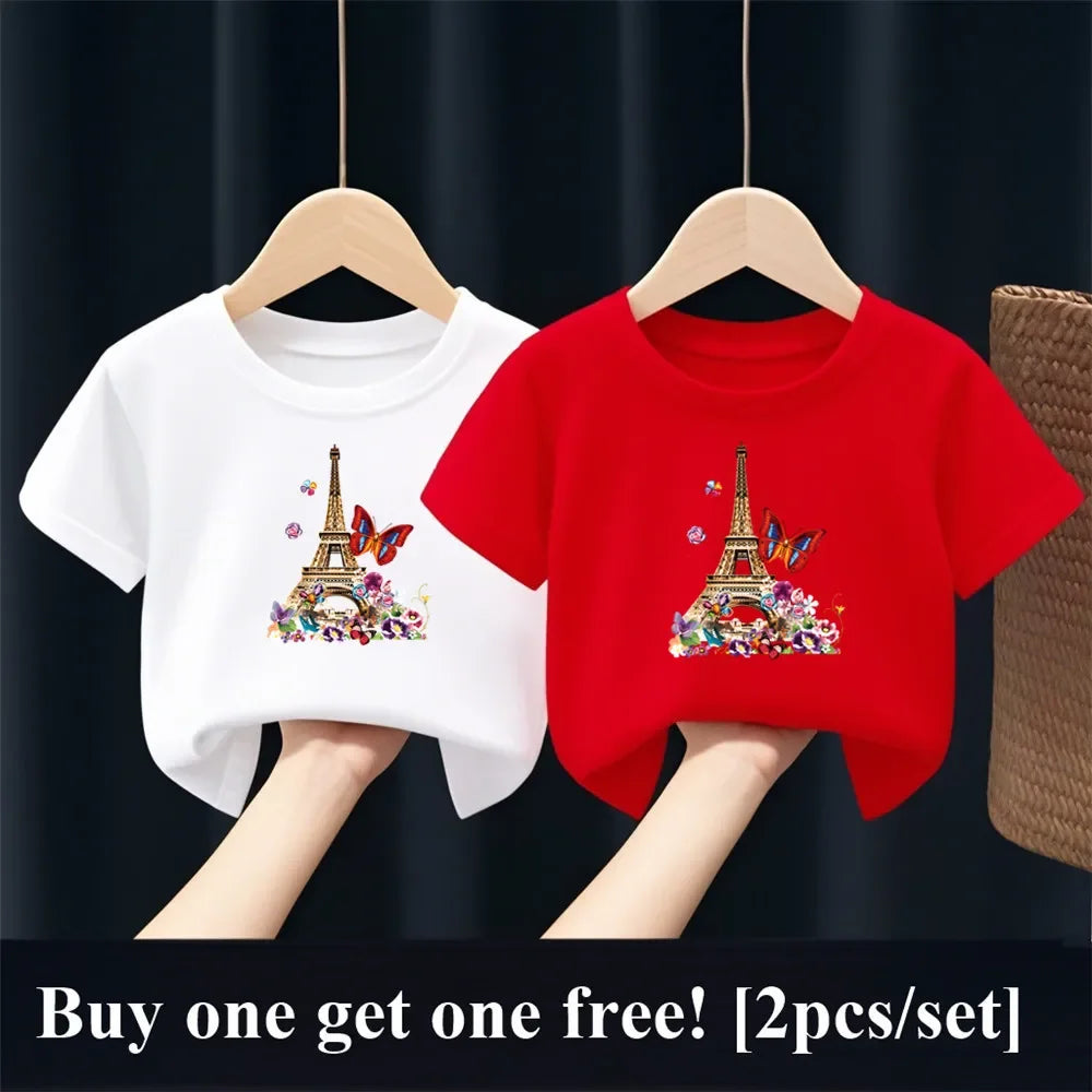 2 unids/pack niñas París Torre Eiffel mariposa estampado gráfico camiseta niños manga corta hermana traje a juego amigo fiesta Tops