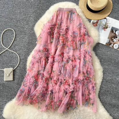 Falda Midi de Malla con Estampado Floral de Cintura Alta Estilo Coreano para Mujer, Falda Hada Abullonada de Fibra de Poliést...