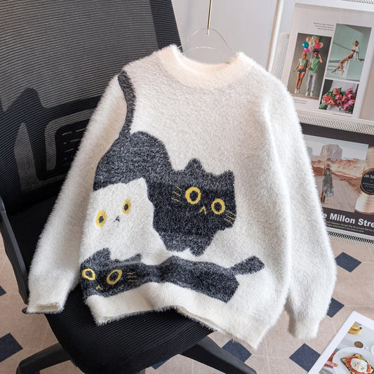 Jersey de punto con bonito diseño de gato para niño, adecuado para el ocio diario en primavera, otoño e invierno
