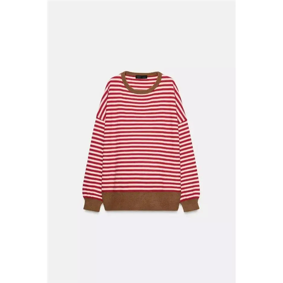 Suéter de punto informal y versátil de manga larga con cuello redondo para mujer, estilo universitario, con patrón de rayas, ...