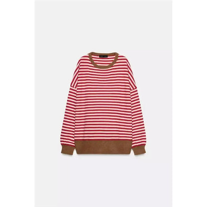 Suéter de punto informal y versátil de manga larga con cuello redondo para mujer, estilo universitario, con patrón de rayas, ...