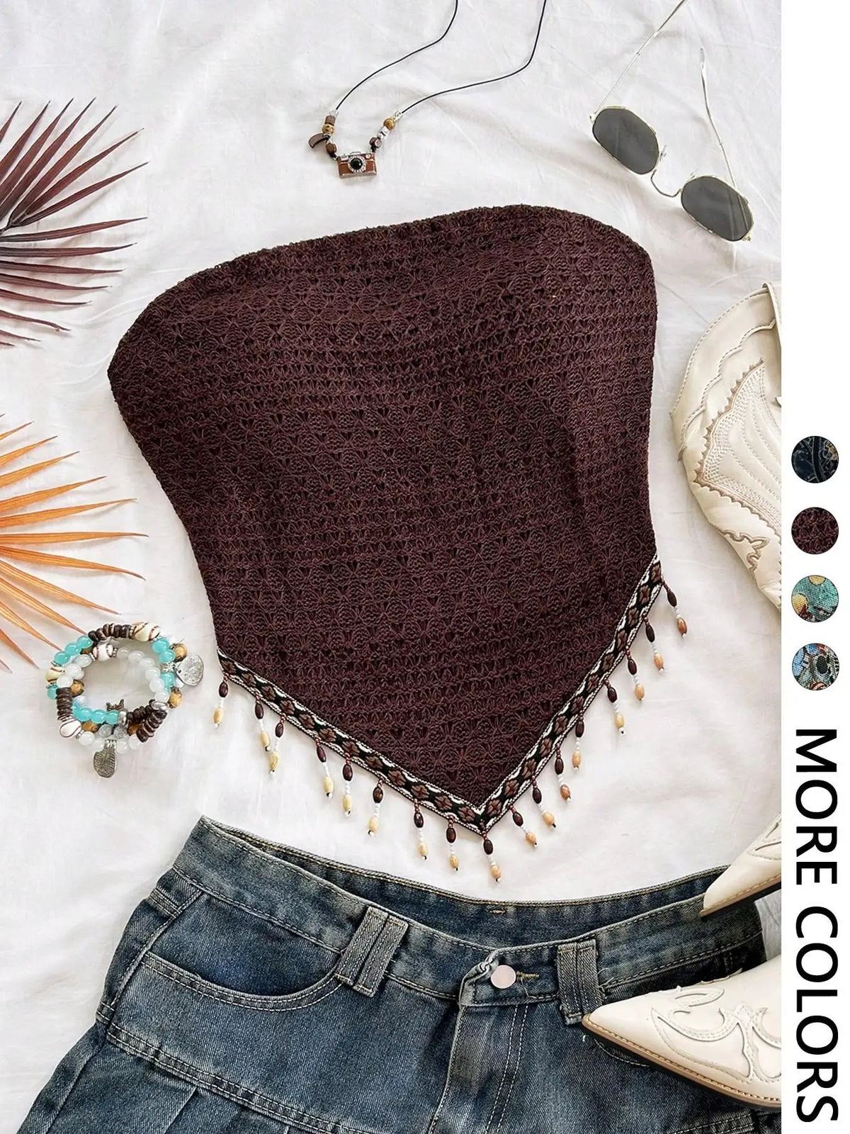 Top de tubo de punto de malla estampado de 1 pieza para mujer con dobladillo triangular y adornos de flecos con cuentas