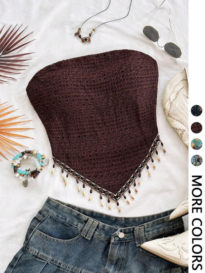 Top de tubo de punto de malla estampado de 1 pieza para mujer con dobladillo triangular y adornos de flecos con cuentas