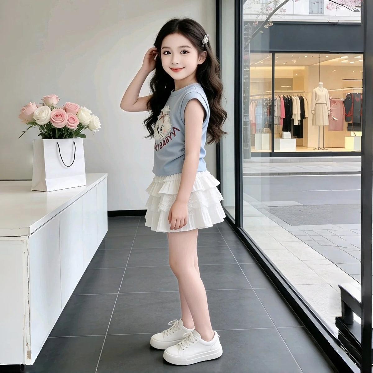 Conjunto de verano para niñas, camiseta de manga corta y falda, conjunto de dos piezas, estilo informal, ropa moderna para niños