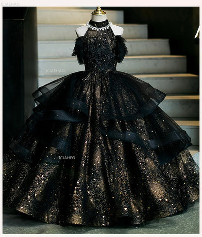 Vestido de fiesta de cumpleaños negro para niñas, vestido de princesa de tul hinchado para actuaciones de Piano, vestidos de desfile de desfile de moda