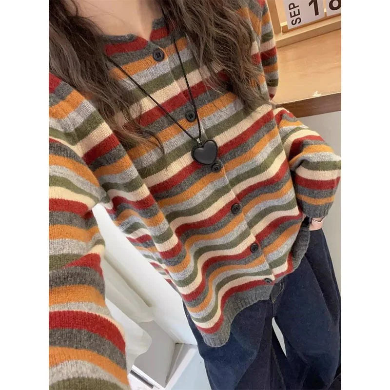 Cárdigan de punto a rayas de Color de manga larga con cuello redondo para mujer en otoño nueva chaqueta suéter de moda y de moda