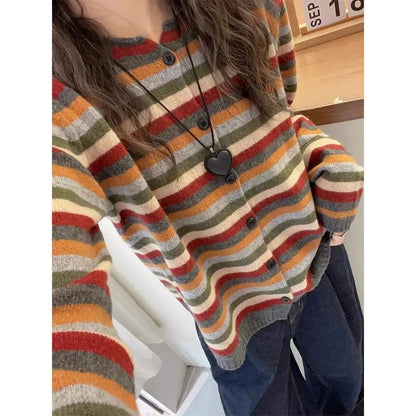 Cárdigan de punto a rayas de Color de manga larga con cuello redondo para mujer en otoño nueva chaqueta suéter de moda y de moda