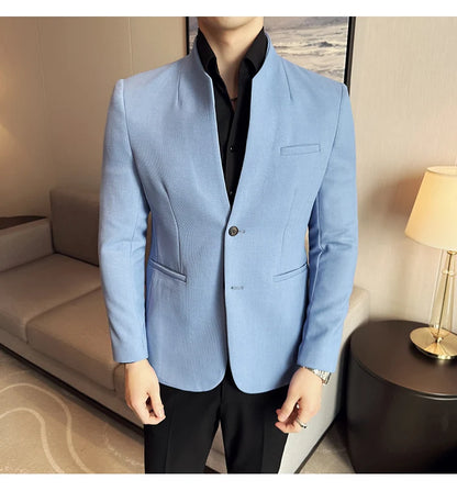 Chaqueta de traje con cuello levantado de alta calidad para hombre, chaquetas de negocios informales, abrigo coreano con gofres para boda, novio, banquete, vestido de fiesta, 2025
