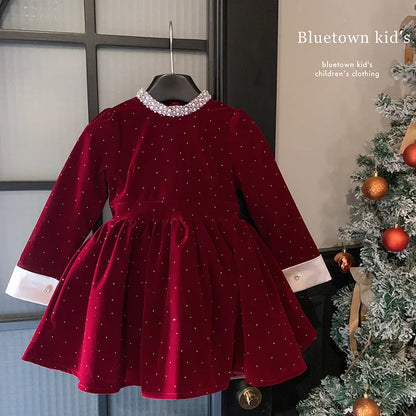 Vestido de Terciopelo Brillante para Niñas, Edición Primavera Otoño Invierno 2026, Vestido de Princesa con Cuello de Perlas