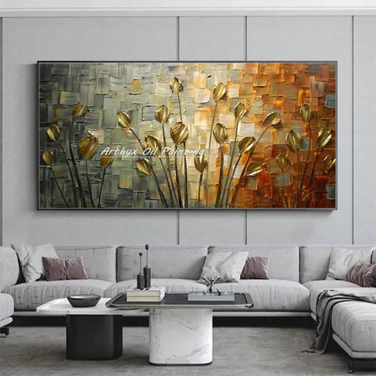 Arthyx, pintura al óleo de flores doradas de textura gruesa pintada a mano sobre lienzo, imágenes artísticas de pared abstractas para decoración del hogar y la sala de estar + paquete Switch In Art completo