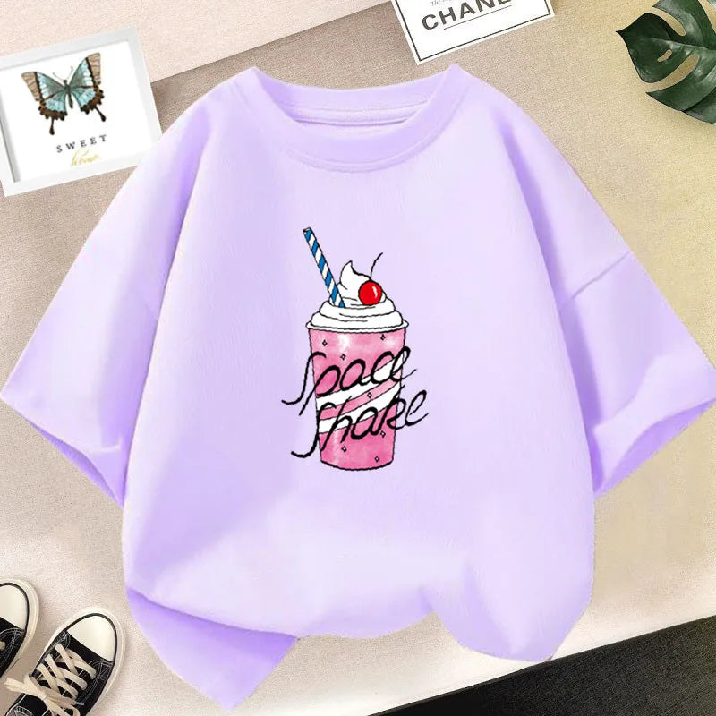 Camiseta bonita de dibujos animados de batido de leche de fresa para niñas, camisetas rosas con gráfico de manga corta para niños