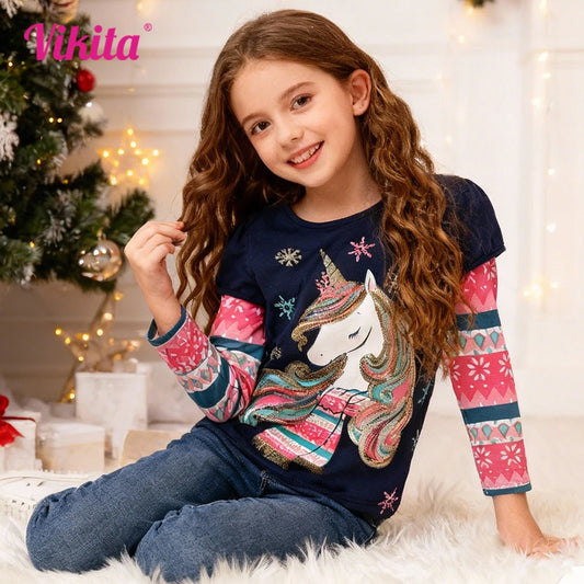 VIKITA 2025 nuevas camisetas de manga larga con estampado de copos de nieve para niñas, regalos de Navidad de Año Nuevo, camisetas informales de algodón para niños pequeños