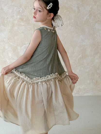 Dulce vestido para niñas verano 2025 nueva moda para niños temperamento Color contrastante vestido bohemio tendencia