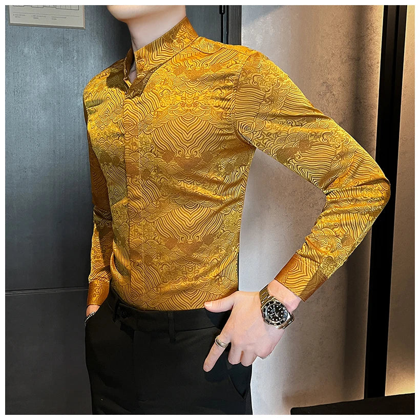 Camisas estampadas de manga larga con cuello levantado para primavera y otoño, camisa informal de moda para hombre de estilo chino Formal Social de negocios