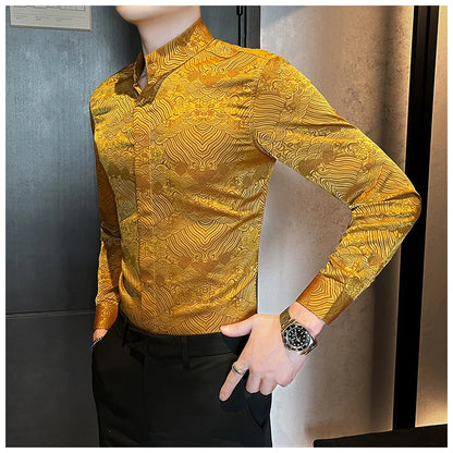 Camisas estampadas de manga larga con cuello levantado para primavera y otoño, camisa informal de moda para hombre de estilo chino Formal Social de negocios