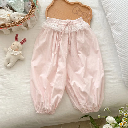 Pantalones informales finos para niñas, novedad de verano, pantalones con cordón de encaje para niños, pantalones de fondo coreanos