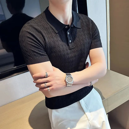 Polo de manga corta de punto Jacquard para hombre, camiseta de Golf con solapa de moda, ajustada, nueva