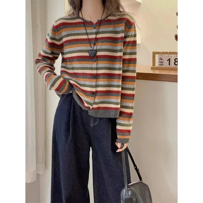 Cárdigan de punto a rayas de Color de manga larga con cuello redondo para mujer en otoño nueva chaqueta suéter de moda y de moda