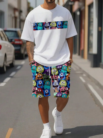 Sencillo de mármol con estampado en 3D, Top y Shorts de cuello redondo para hombres, moda urbana, traje informal de día a día para hombres