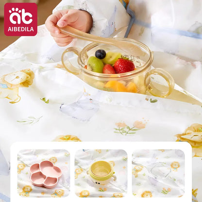 AIBEDILA Baberos impermeables para bebés, babero de manga larga para destete, se sujeta a la mesa de la trona, dobladillo desmontable, 6M-6T