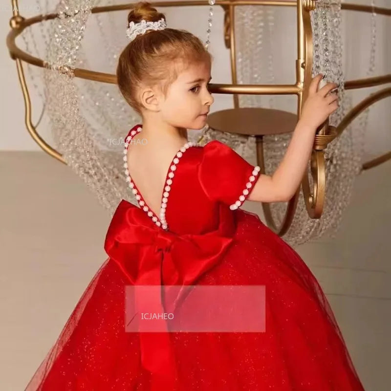 Vestido de fiesta de princesa rojo para niñas, vestido de tul hinchado para cumpleaños, violín, Piano, actuación, desfile de moda, ropa