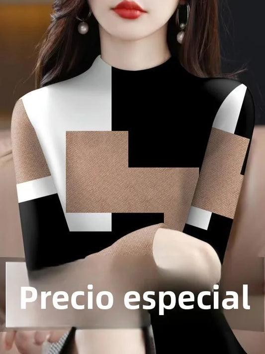 Blusa para Mujer, Cuello Alto, Manga Larga, Estampado, Ideal para Primavera, Oficina, Uso Diario, Salidas Casuales y Eventos