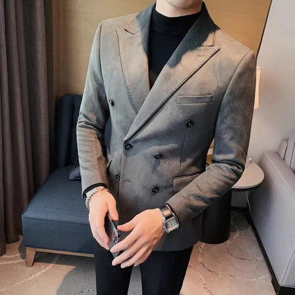 Chaqueta de ante con botones de doble botonadura para hombre, traje de negocios informal, ropa de calle Social, otoño e invierno, 2023