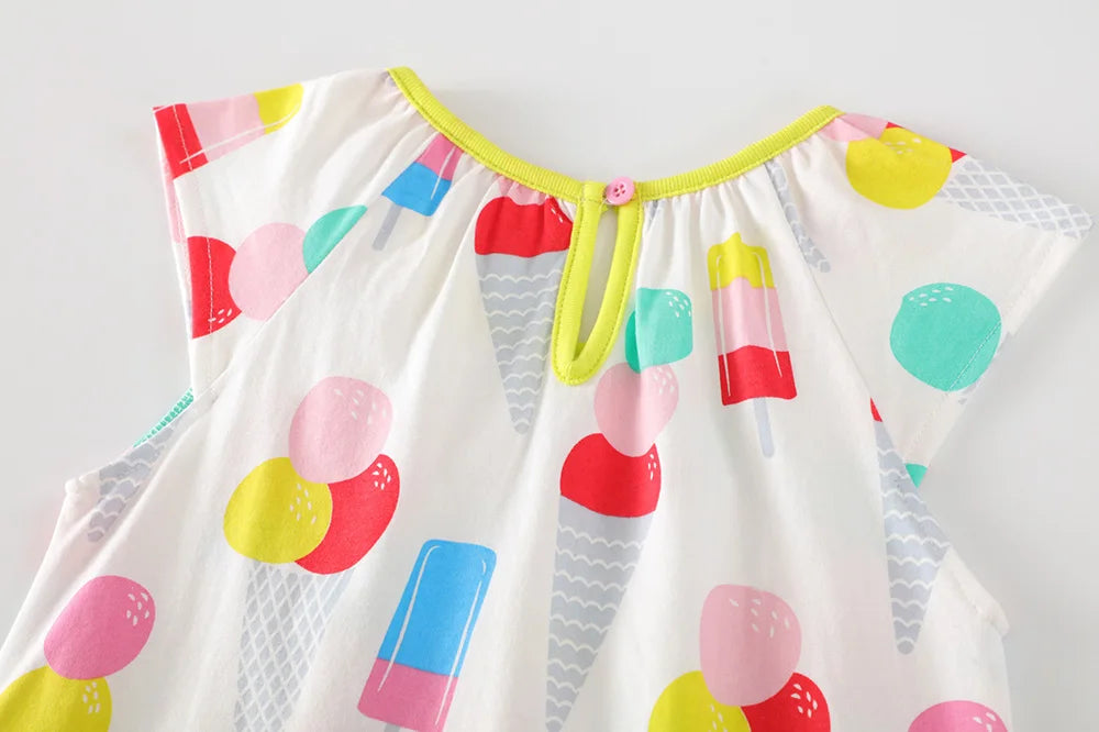 VIKITA-camisola con tirantes para niña, vestido sin mangas con estampado de helado, manga acampanada, ropa de verano