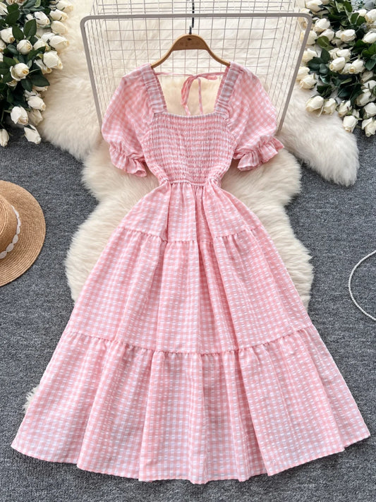 Vestido midi de verano a cuadros para mujer, estilo coreano, cintura alta, manga abullonada, cuello cuadrado, corte A, adelga...
