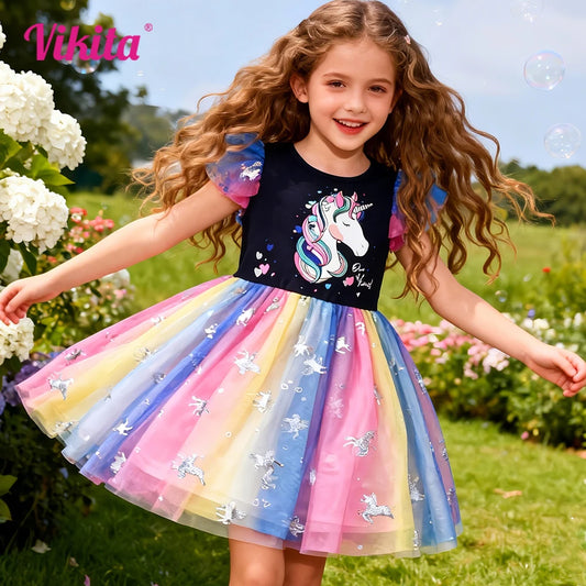VIKITA, vestido de verano con estampado de unicornio y arcoíris colorido para niñas, vestido de fiesta de princesa dulce de malla de tul plateado brillante para niños