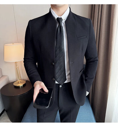 Chaqueta de traje con cuello levantado de alta calidad para hombre, chaquetas de negocios informales, abrigo coreano con gofres para boda, novio, banquete, vestido de fiesta, 2025