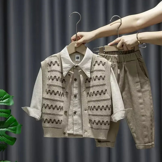 Baby Boy Clothing Suit 2024 Spring Autumn Knitted Sleeveless Sweater Vest + Shirts + Pants Boys Outfit Kids Set