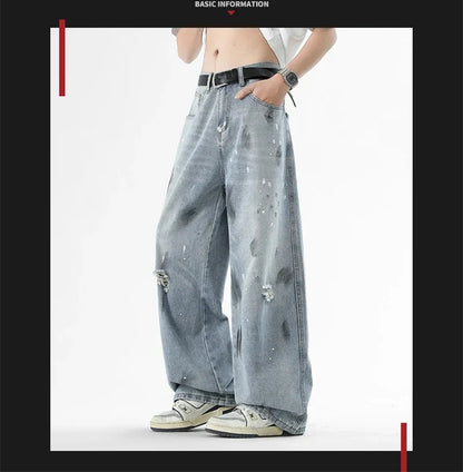Pantalones vaqueros de pierna recta holgados rasgados de otoño para hombre, moda Hip Hop, pantalones vaqueros con estampado de grafiti, ropa de calle informal Y2K, pantalones vaqueros