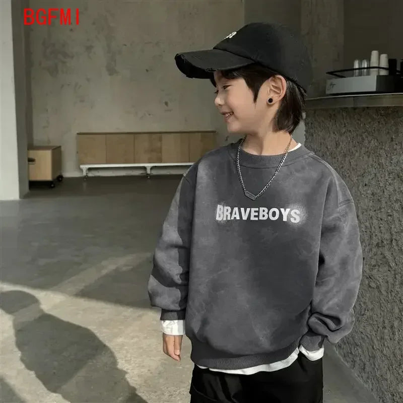 Sudadera para Niño, Estilo Versátil, Nueva Colección 2026, Manga Larga, Gris, Diseño de Parches, Corte Holgado, Estilo Coreano, Unisex, Ropa de Otoño