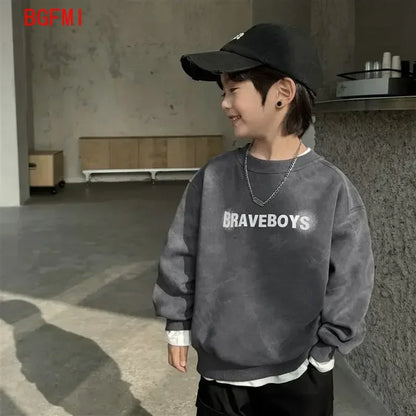 Sudadera para Niño, Estilo Versátil, Nueva Colección 2026, Manga Larga, Gris, Diseño de Parches, Corte Holgado, Estilo Coreano, Unisex, Ropa de Otoño