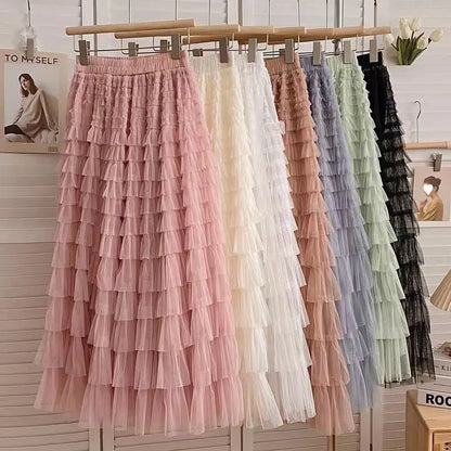 Falda larga de tul de talla grande para mujer, cintura alta, estilo A, con capas, elegante, para 200 libras, estilo coreano, ...