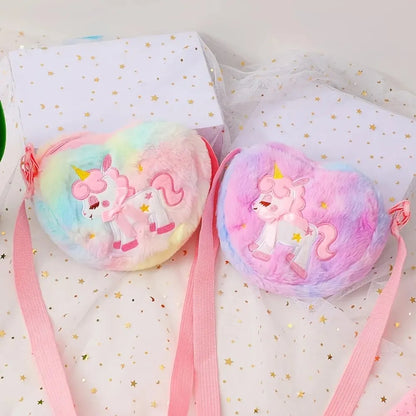 Lindo unicornio para niñas, bolso de hombro con cremallera de corazón de felpa, bolso de mensajero, monedero, cartera, bolso cruzado, regalo para niños, Mochila pequeña