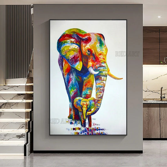 Lienzo colorido de animales de dibujos animados para decoración de dormitorio de niños, arte de imagen, pintado a mano, pintura al óleo de elefante, arte grande, + Paquete Switch In Art completo