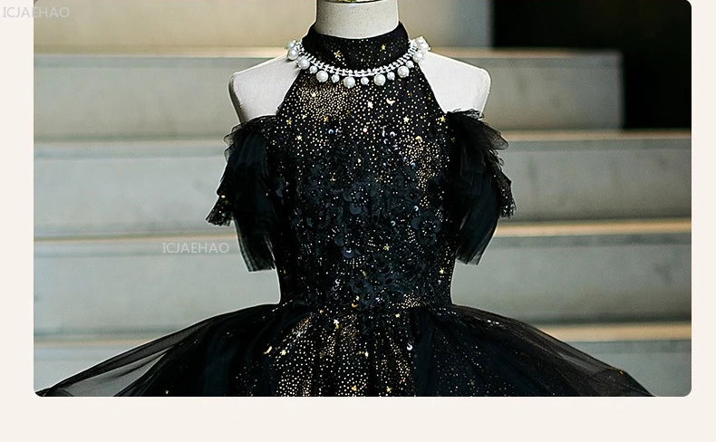 Vestido de fiesta de cumpleaños negro para niñas, vestido de princesa de tul hinchado para actuaciones de Piano, vestidos de desfile de desfile de moda