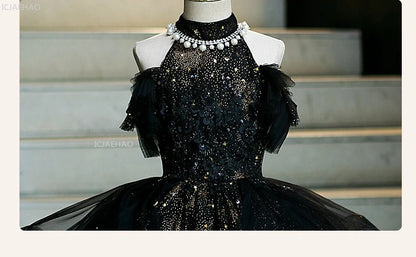 Vestido de fiesta de cumpleaños negro para niñas, vestido de princesa de tul hinchado para actuaciones de Piano, vestidos de desfile de desfile de moda