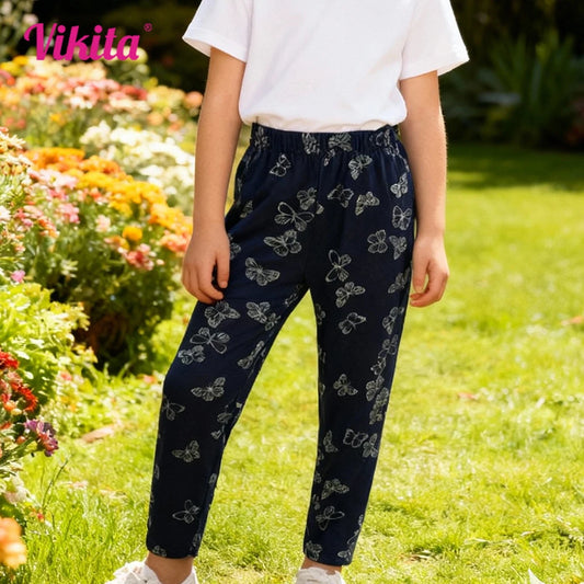VIKITA, pantalones informales de algodón para niñas, pantalones con estampado de mariposa para niños, mallas cómodas de moda azul marino, pantalones para niños de 2 3 10 12 años