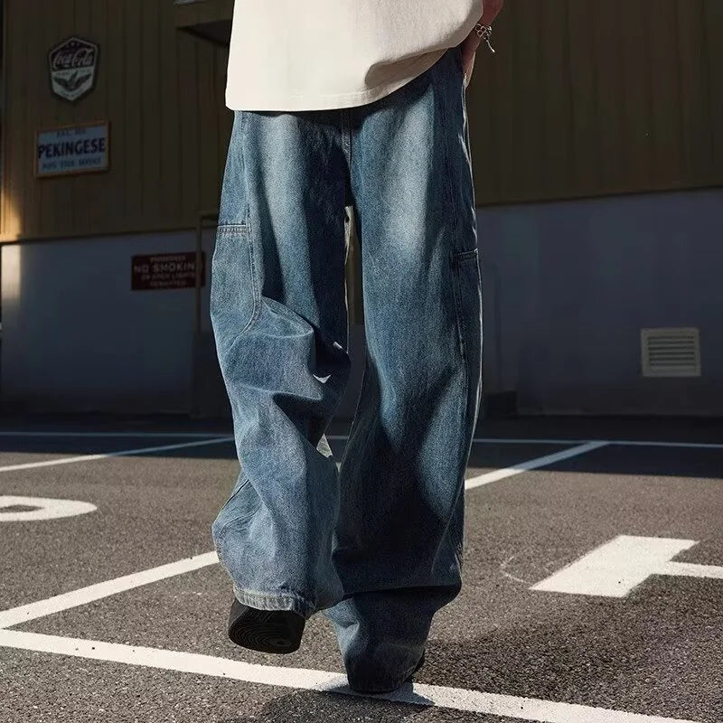 Otoño de los hombres de moda Hip Hop empalmado pantalones vaqueros holgados diseño plisado Casual pantalones vaqueros de pierna recta Y2K Vintage Streetwear jean