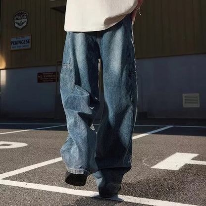 Otoño de los hombres de moda Hip Hop empalmado pantalones vaqueros holgados diseño plisado Casual pantalones vaqueros de pierna recta Y2K Vintage Streetwear jean
