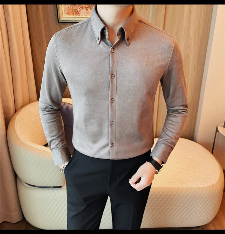 Camisa de ante de alta calidad para hombre, camisas de negocios informales de manga larga para otoño e invierno, blusa de esmoquin para fiesta Social, ropa para hombre 2023