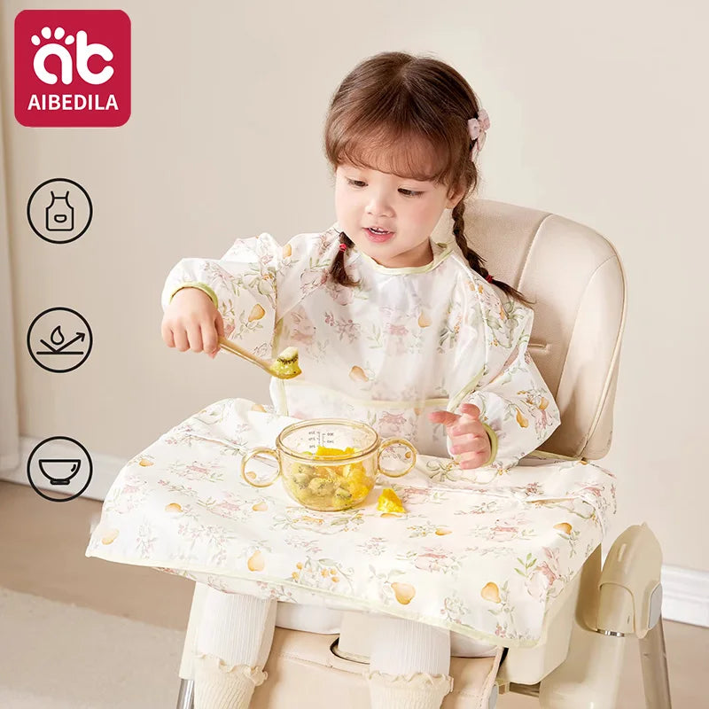 AIBEDILA Baberos impermeables para bebés, babero de manga larga para destete, se sujeta a la mesa de la trona, dobladillo desmontable, 6M-6T