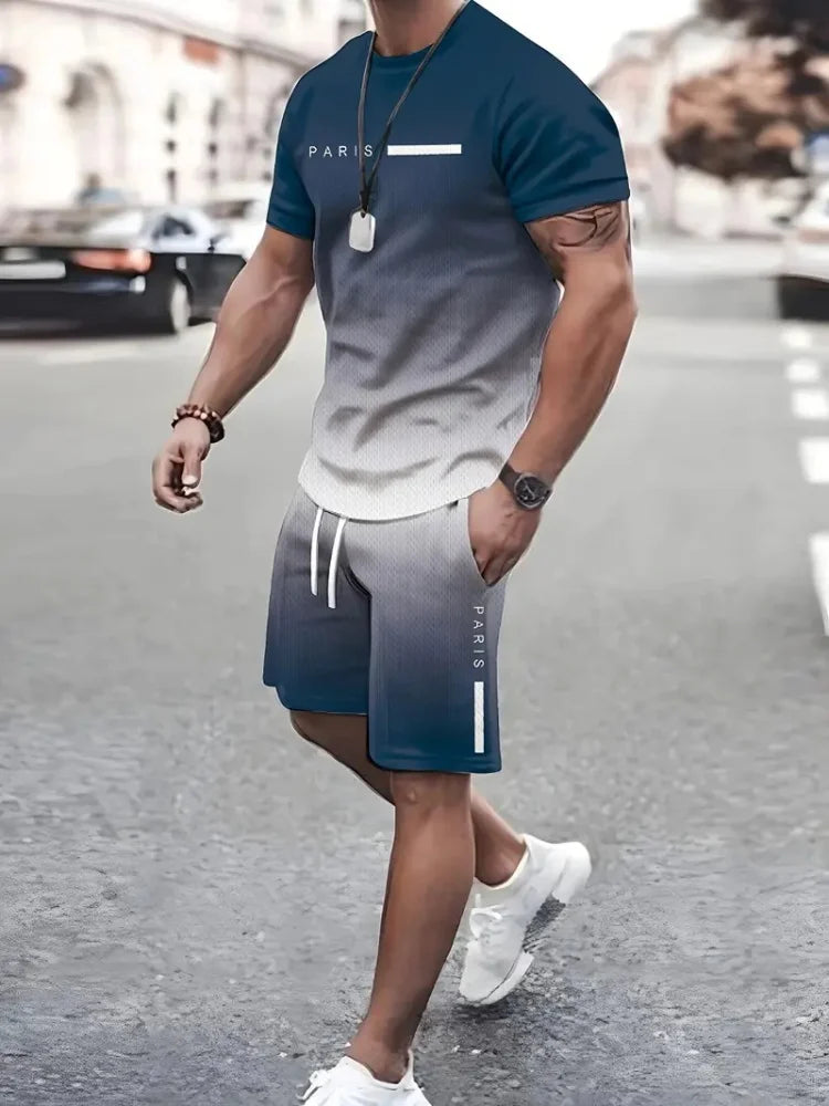 Sencillo de mármol con estampado en 3D, Top y Shorts de cuello redondo para hombres, moda urbana, traje informal de día a día para hombres