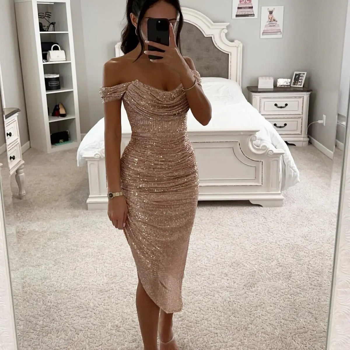Vestido de fiesta de lentejuelas brillantes con un solo hombro y cremallera, vestido de noche de cintura media con falda larg...