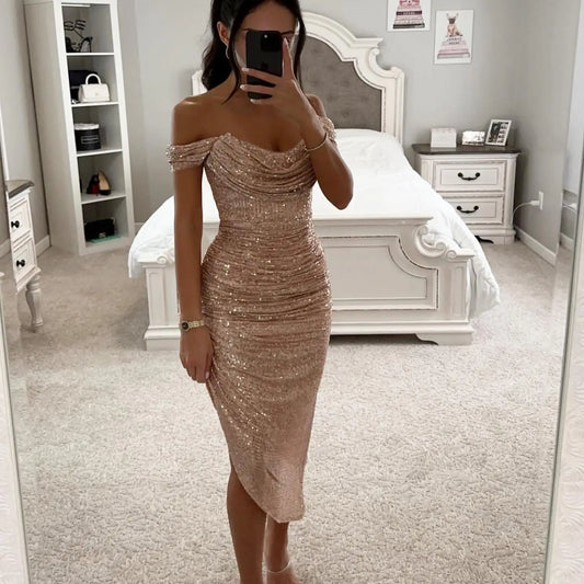 Vestido de fiesta de lentejuelas brillantes con un solo hombro y cremallera, vestido de noche de cintura media con falda larg...