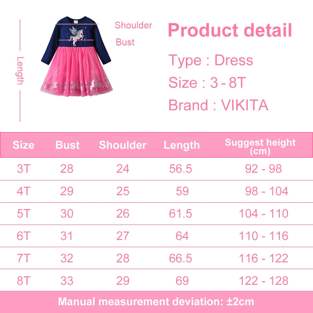 VIKITA-vestido de manga larga para niñas, azul marino, rosa, estampado de unicornio brillante, malla de tul, fiesta de fantasía, vestido elegante informal de princesa